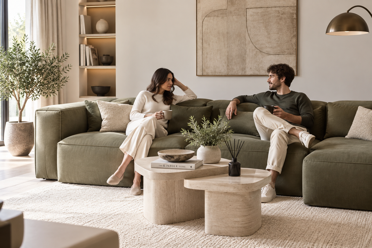Elegant living room with a velvet sofa, coffee table and refined interior décor