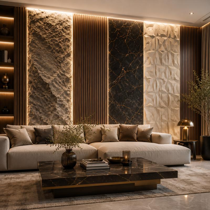 Luxury wall panels collection in a modern living room with stone, wood, marble, and 3D feature wall designs.