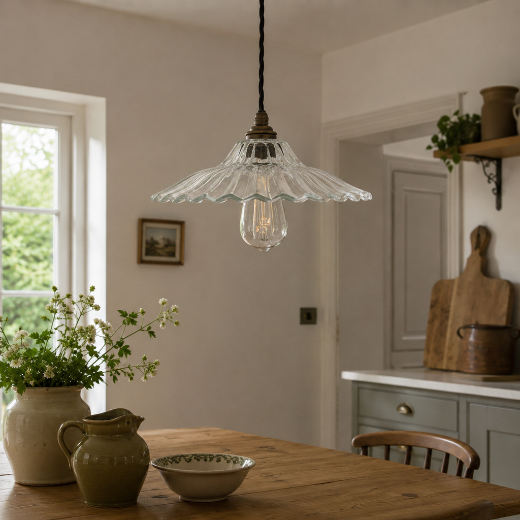 Vintage-style pendant light hanging above a wooden dining table in a cozy kitchen.
