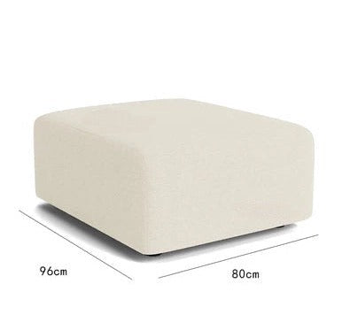 Beige ottoman with dimensions on a white background