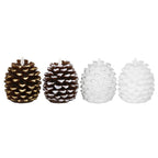 Set of four pine cone-shaped candles in gold, bronze, and white on a white background