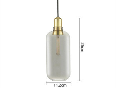 Glass pendant light with gold fixture and dimensions on a white background