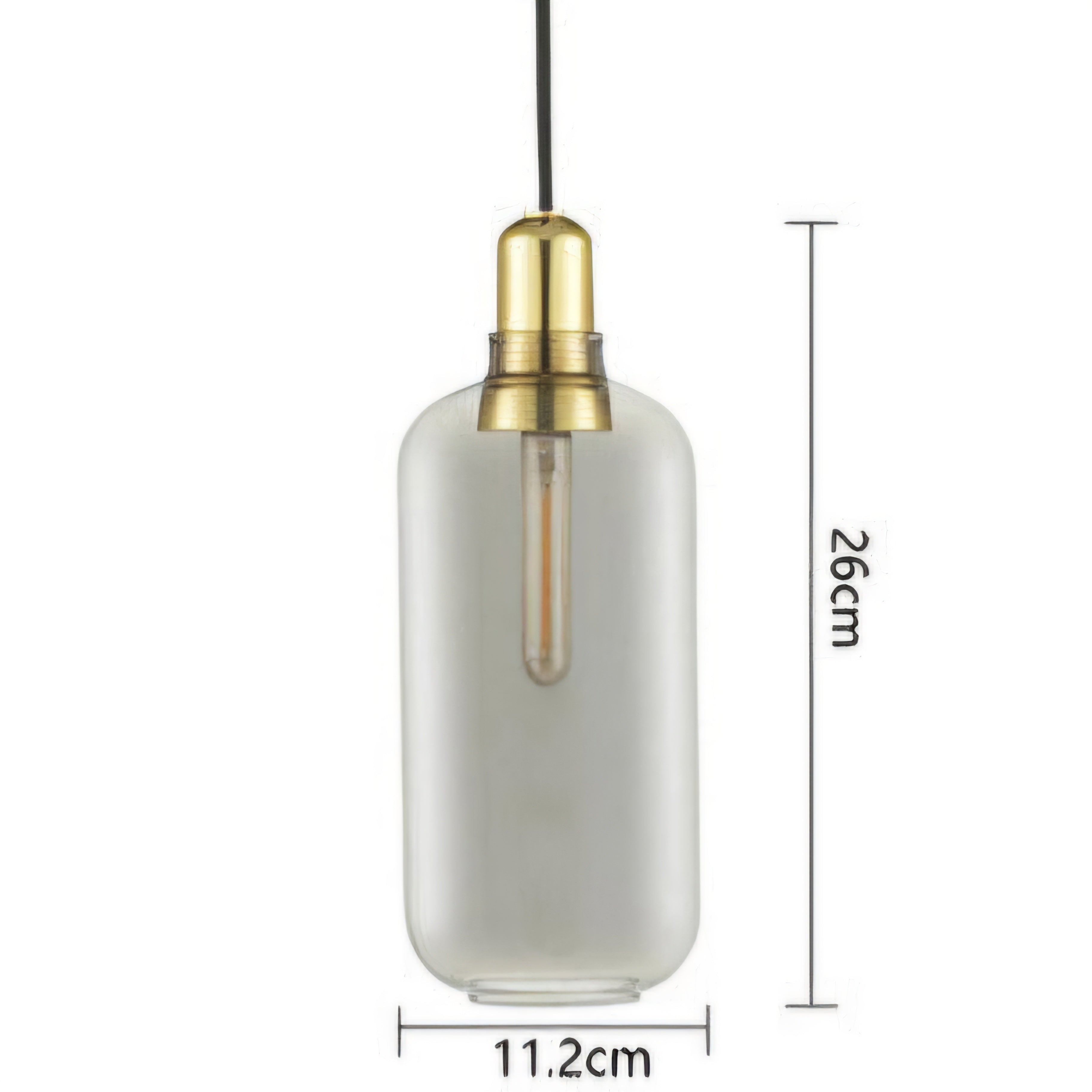 A frosted glass pendant light with a brass-colored metal cap and a black hanging cord, shown with dimension markings indicating a height of 26cm and a width of 11.2cm.