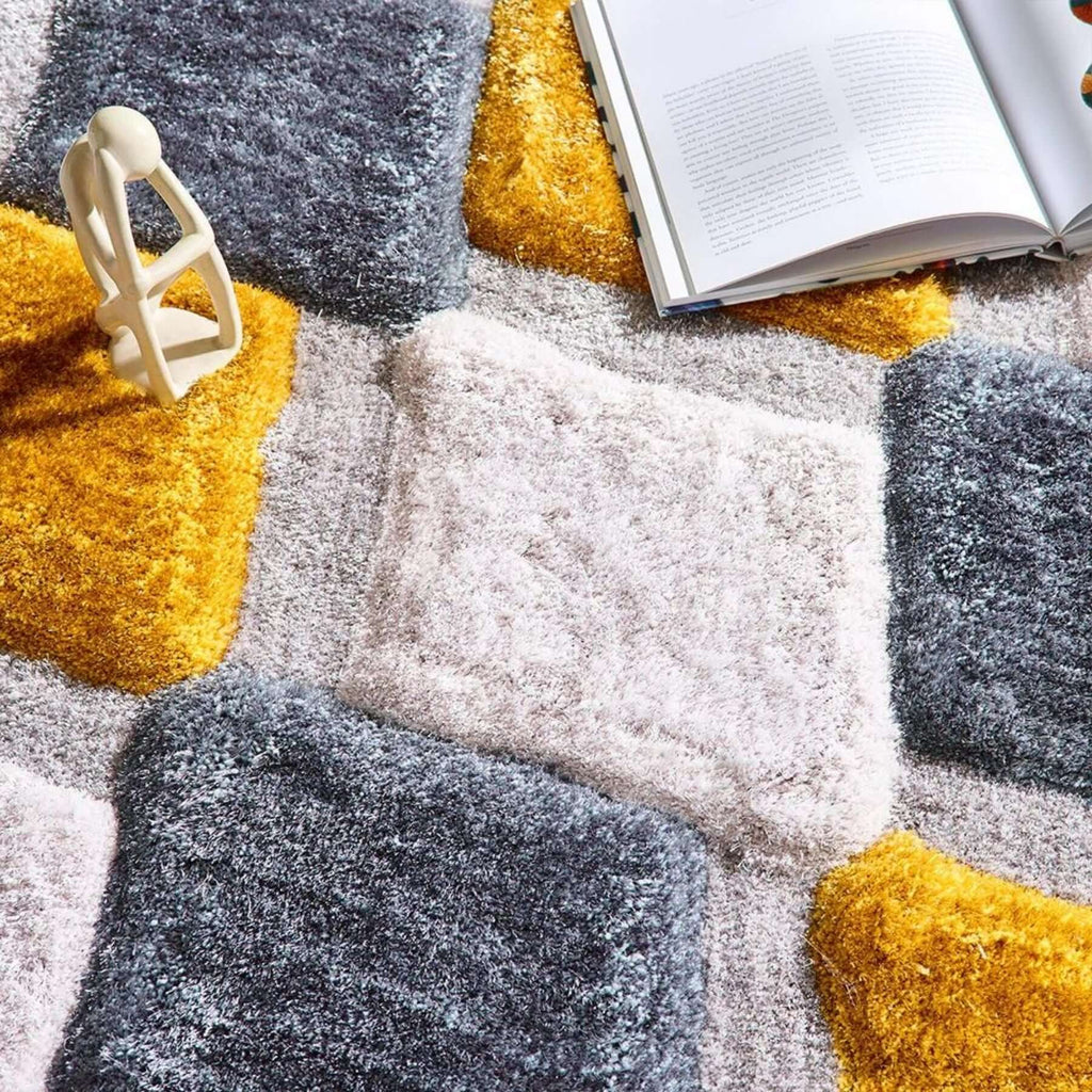 3D Ochre Geometric Shaggy Rug