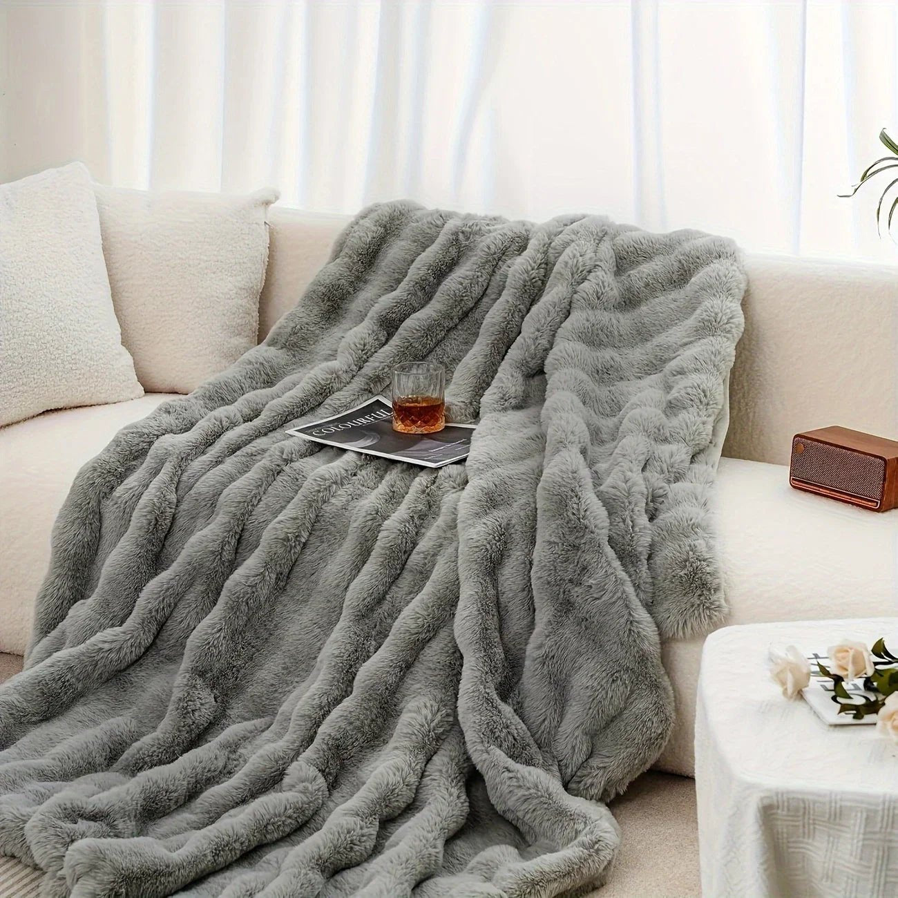 1 PC Faux Rabbit Fur ,Luxury Soft, Warm Bubble Blanket, | Cozy Throw for Bedroom, Guest Room, Living Room,4lb - MOOAZAA