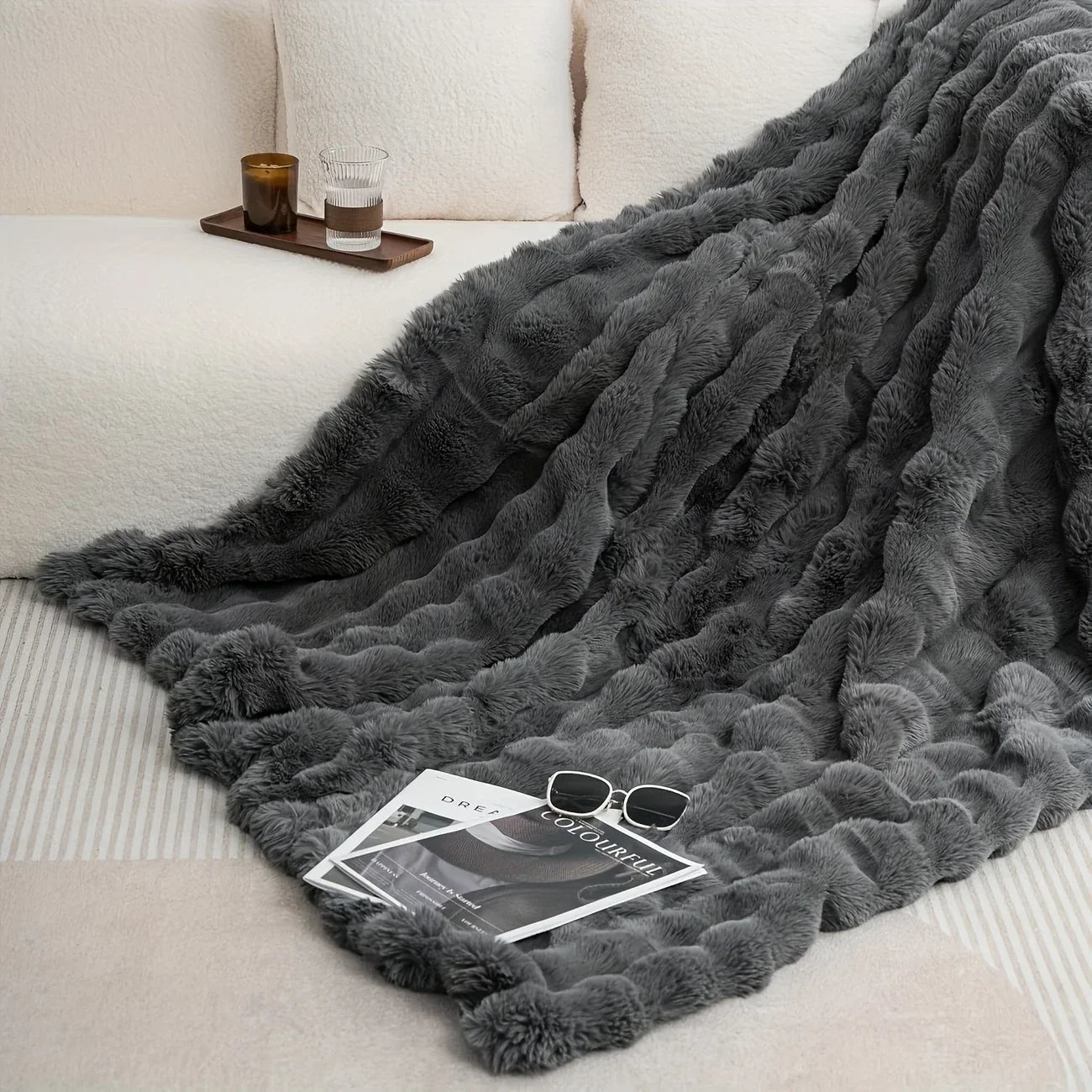 1 PC Faux Rabbit Fur ,Luxury Soft, Warm Bubble Blanket, | Cozy Throw for Bedroom, Guest Room, Living Room,4lb - MOOAZAA