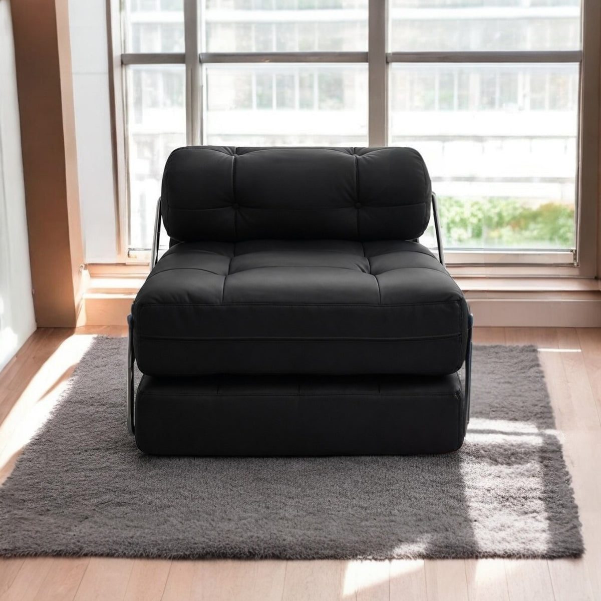 A black tufted modular sofa bed or daybed with a thick cushioned seat and back, supported by slim metal legs, placed on a gray shag rug in a sunlit room with a large window and wooden floor.