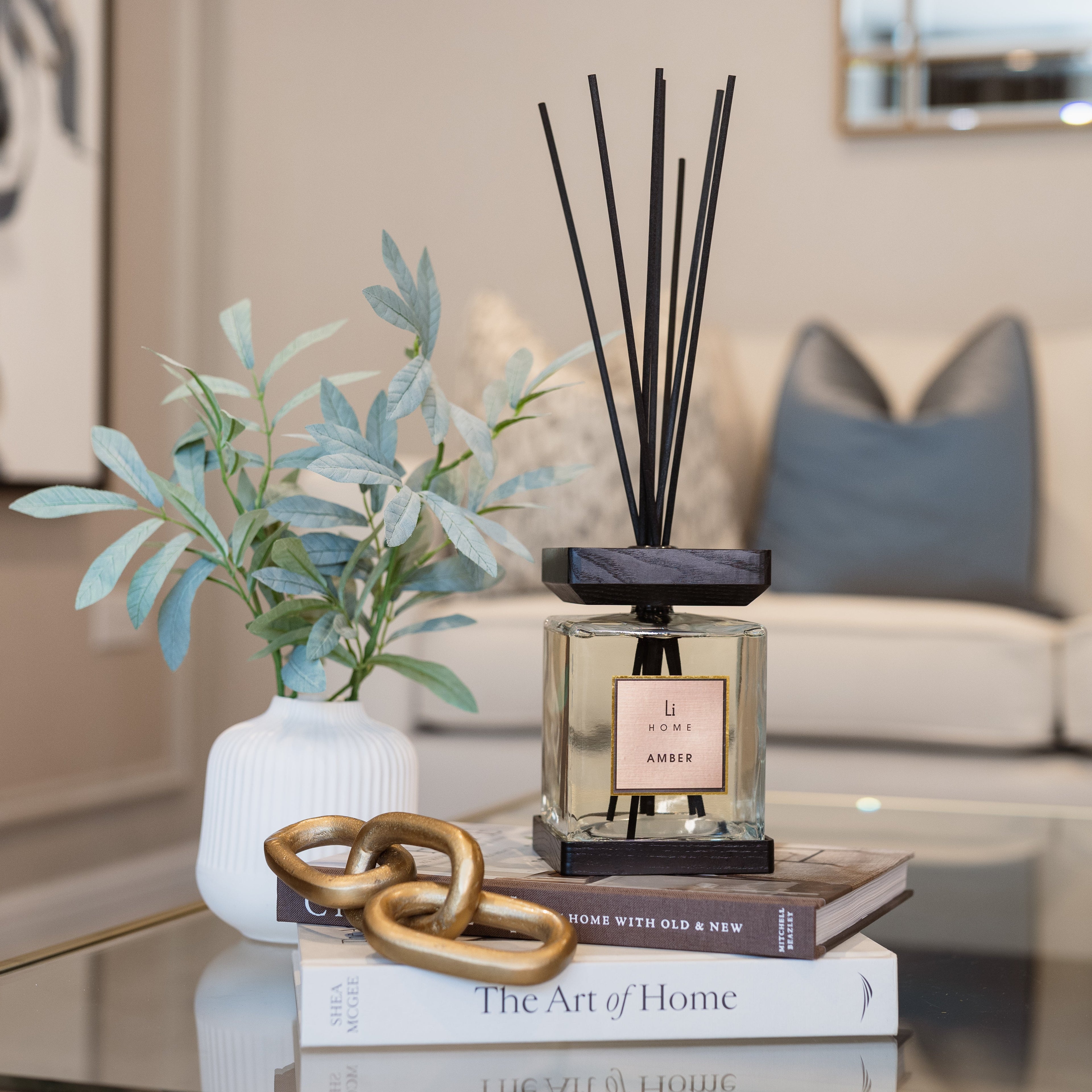 A diffuser on books with a plant and decorative items on a coffee table in a living room.