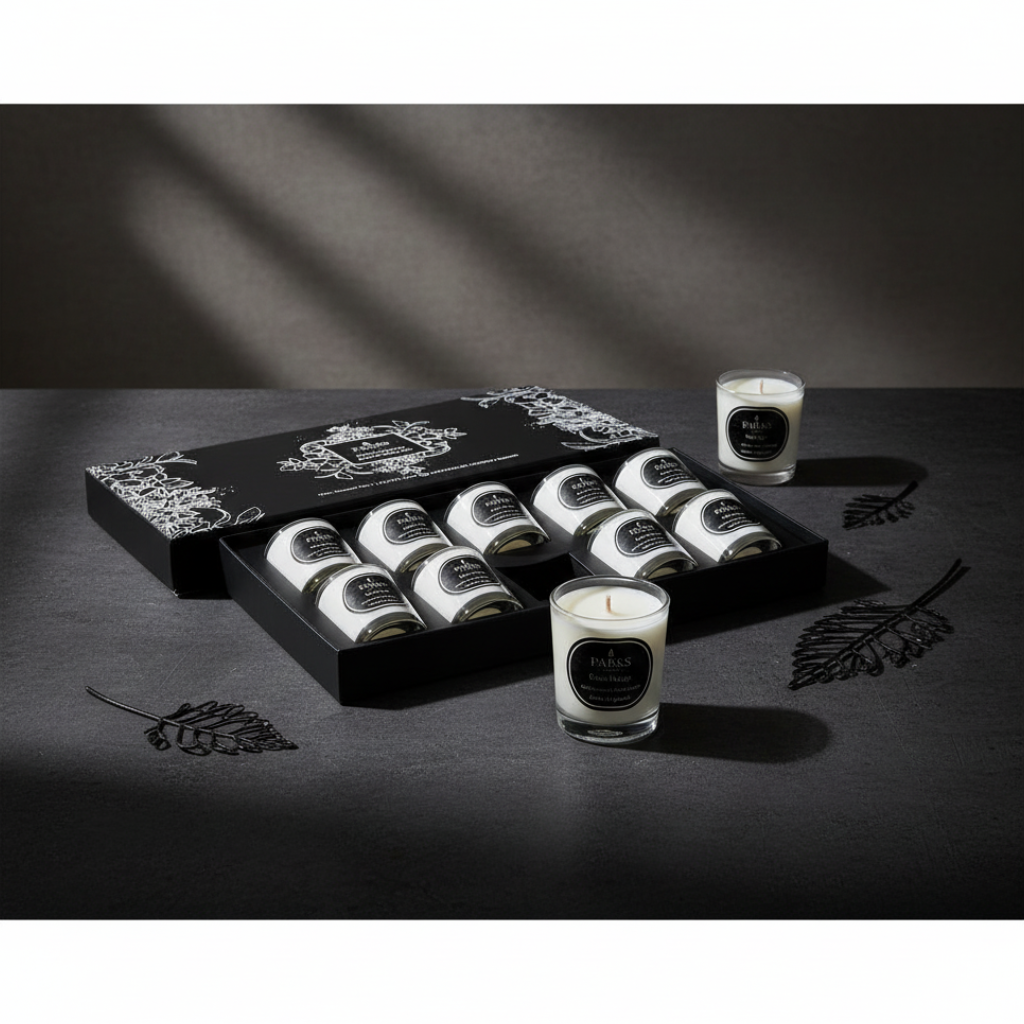 Set of candles with decorative packaging on a dark surface