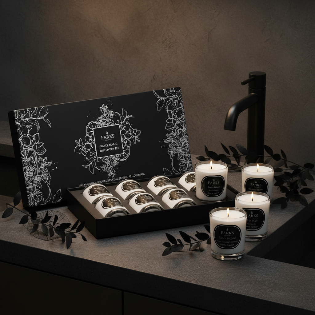 Set of candles with a decorative box on a dark surface