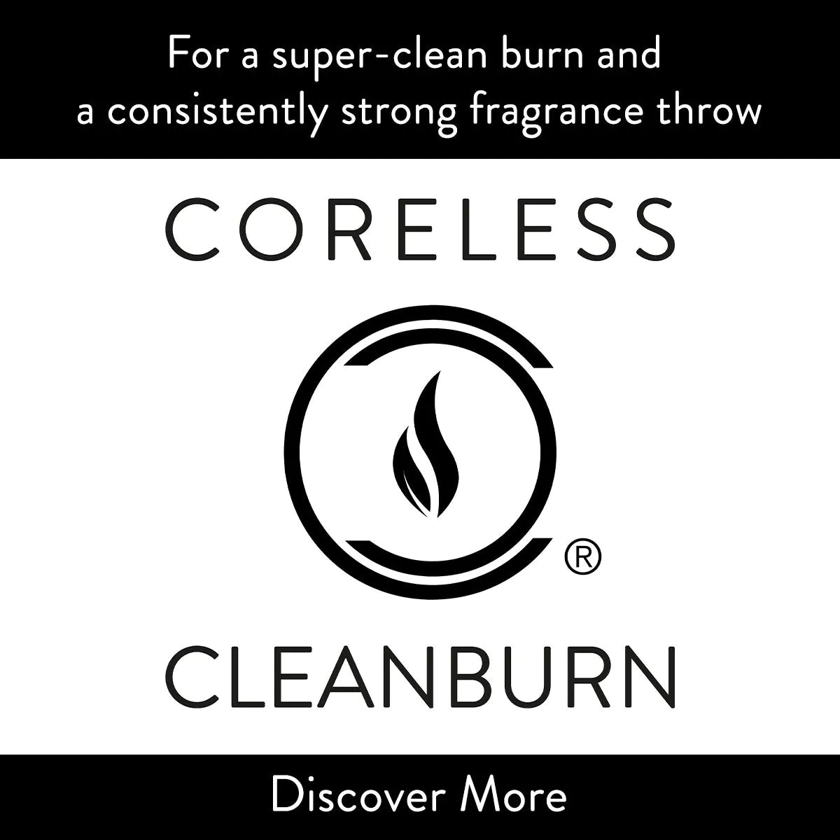 CORELESS CLEANBURN logo with text about super-clean burn and strong fragrance on a white background.