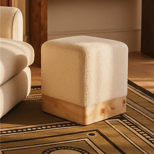 Mota Burl Wood And Cream Boucle Square Stool