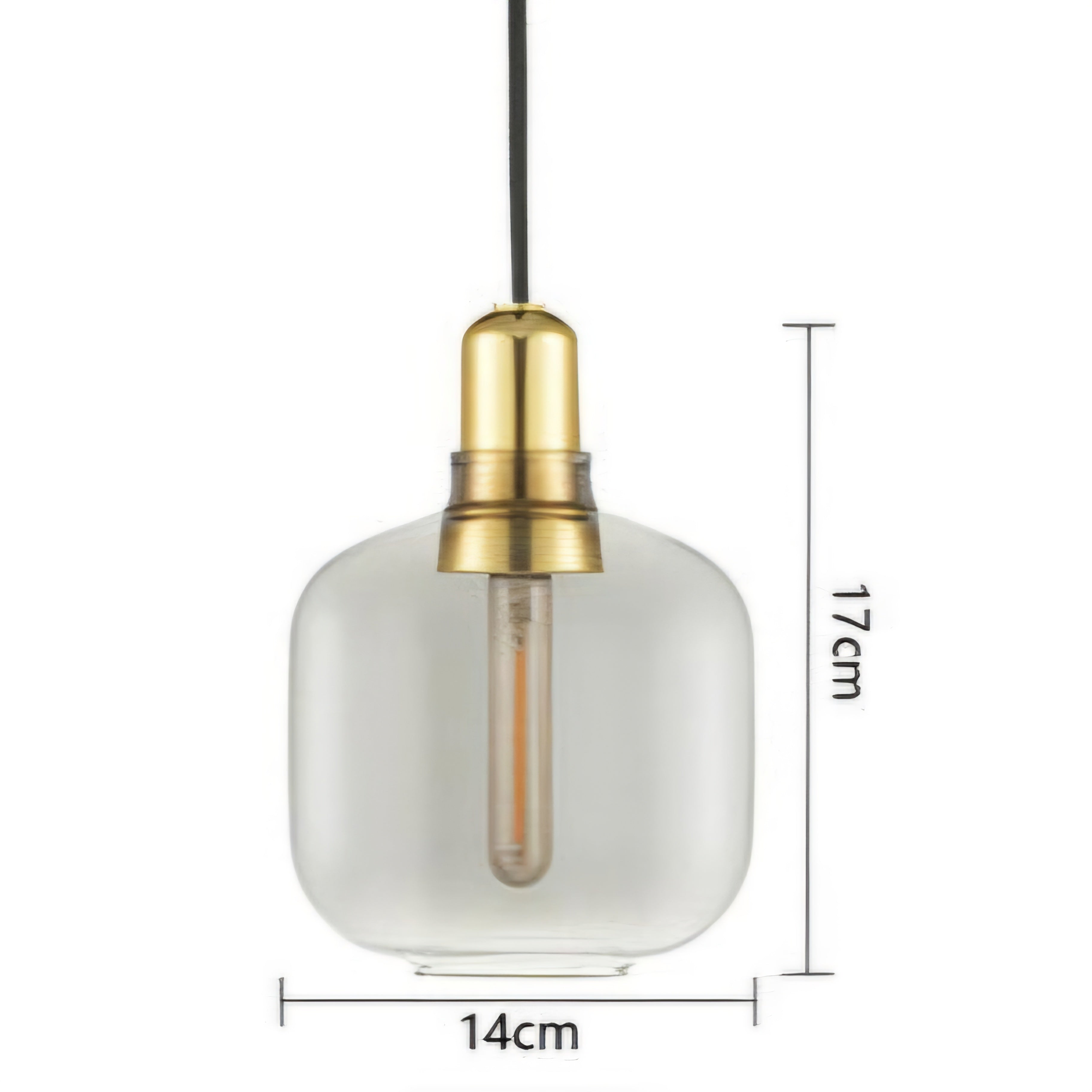 A pendant light with a clear glass globe shade, a brass-finished metal cap, and a black cord, shown with dimension markers indicating 17 cm height and 14 cm width.
