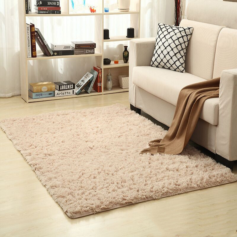 Living room with a beige sofa, rug, and bookshelf.