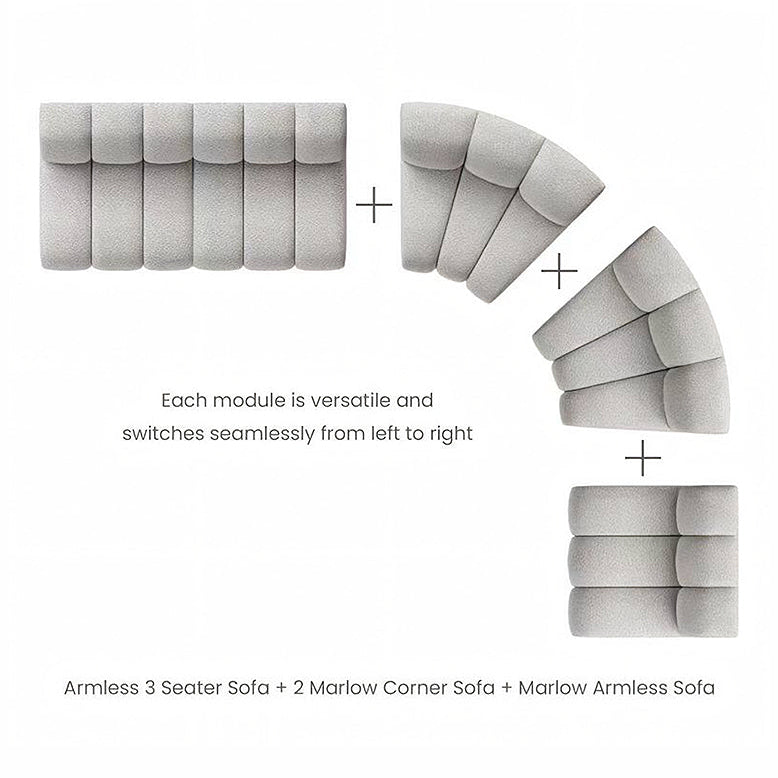 Diagram showing how modular sofa components can be arranged to form different configurations.