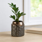 Decorative plant pot with a textured design on a wooden surface near a window.