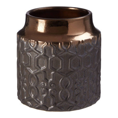 Decorative vase with textured design and bronze rim on a white background