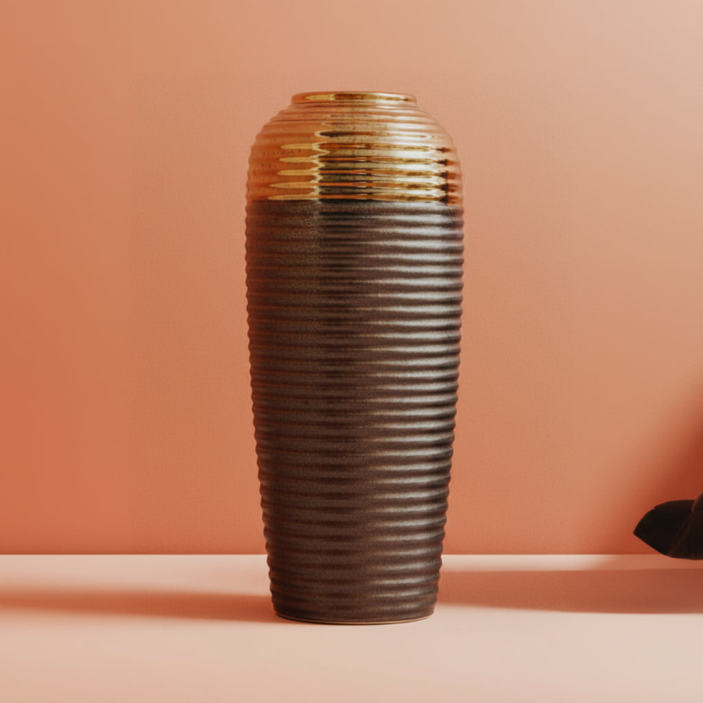 Textured ceramic vase on a matching brown background