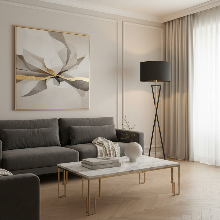 Modern living room with gray sofa, marble coffee table, and abstract art on wall.