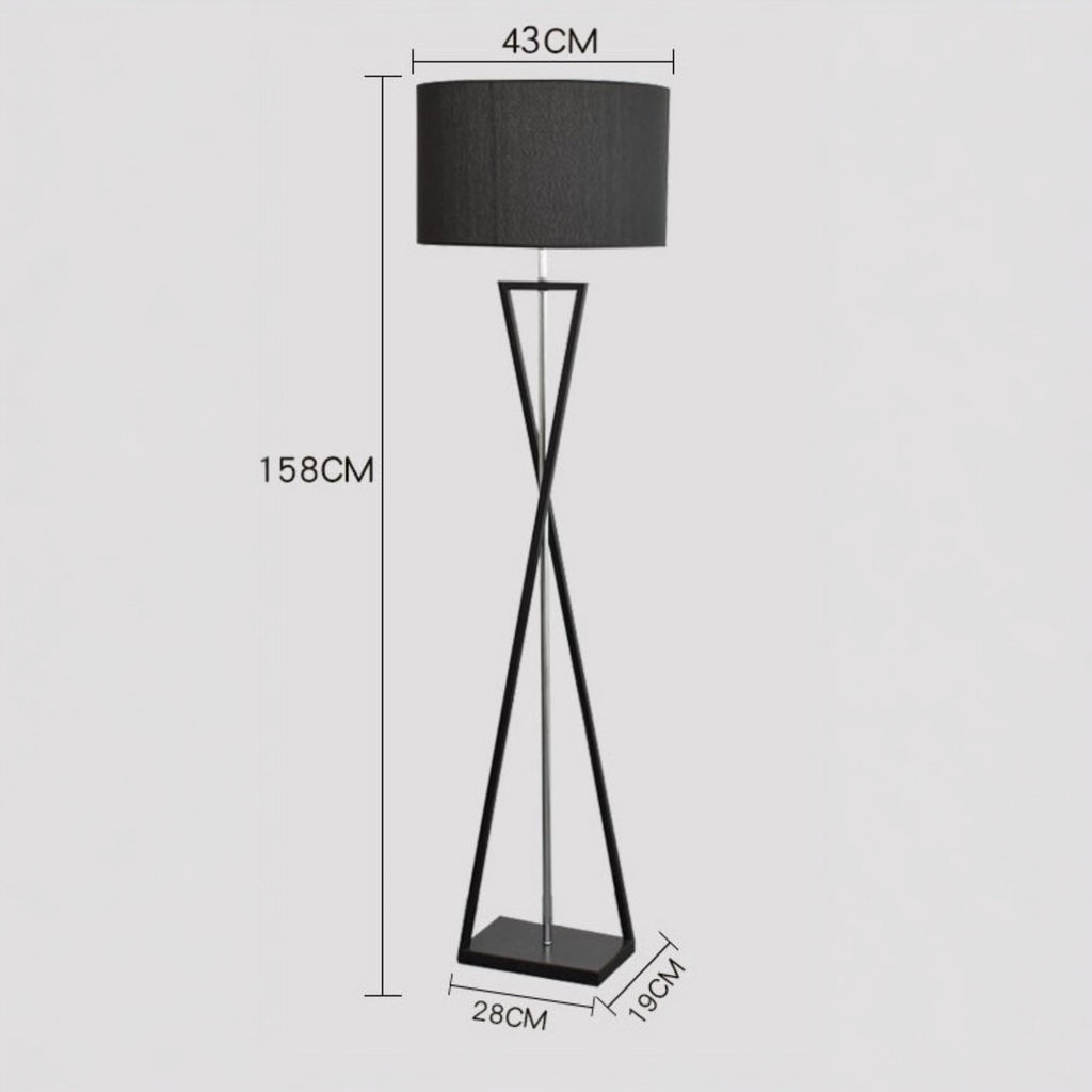 Black floor lamp with dimensions on a gray background