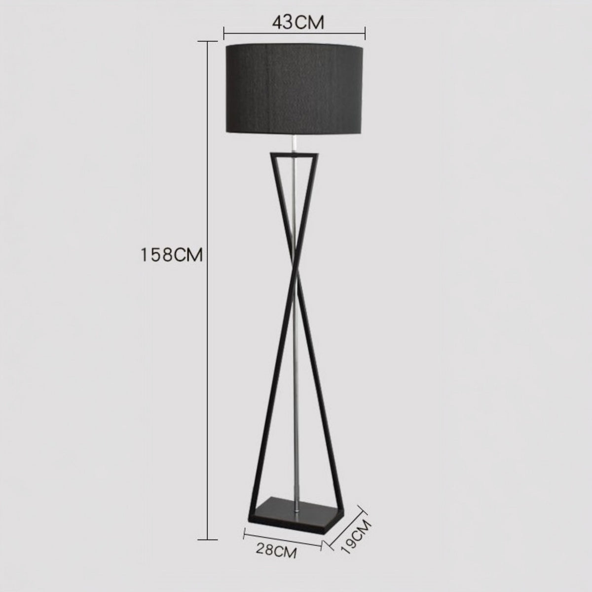 Black floor lamp with dimensions on a gray background