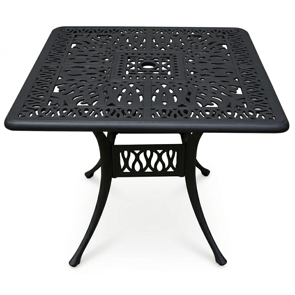 Black metal outdoor table with intricate design on a white background