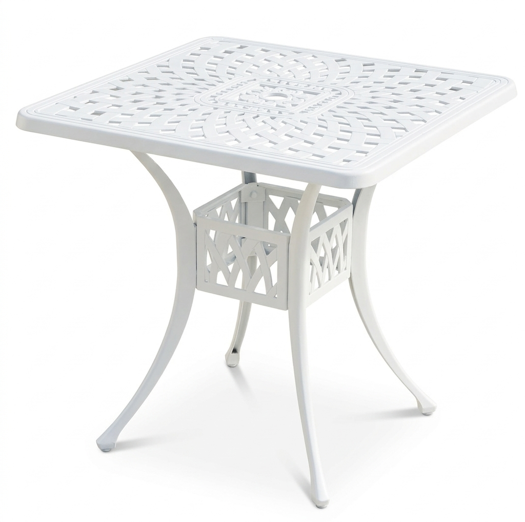 White metal outdoor table with lattice design on a white background