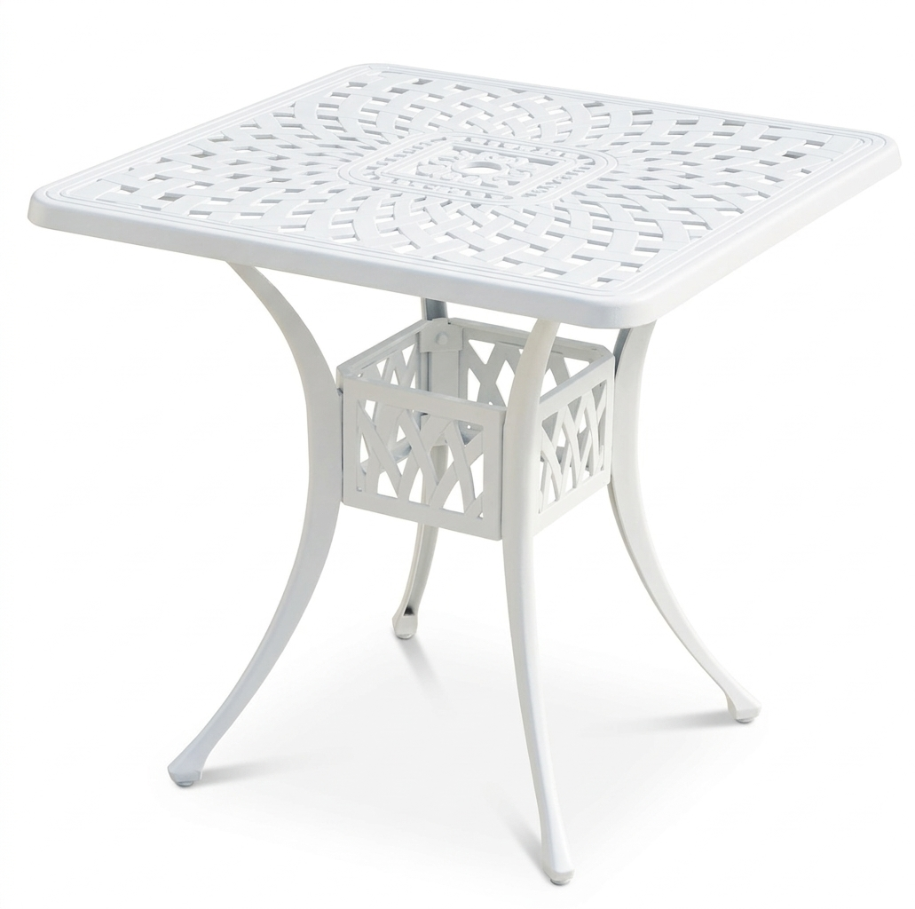 White metal outdoor table with lattice design on a white background