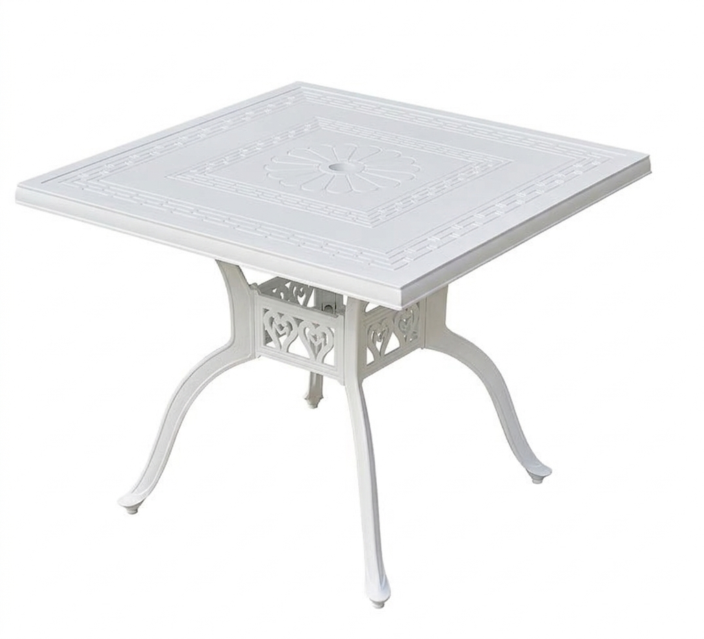 White square table with decorative legs on a white background