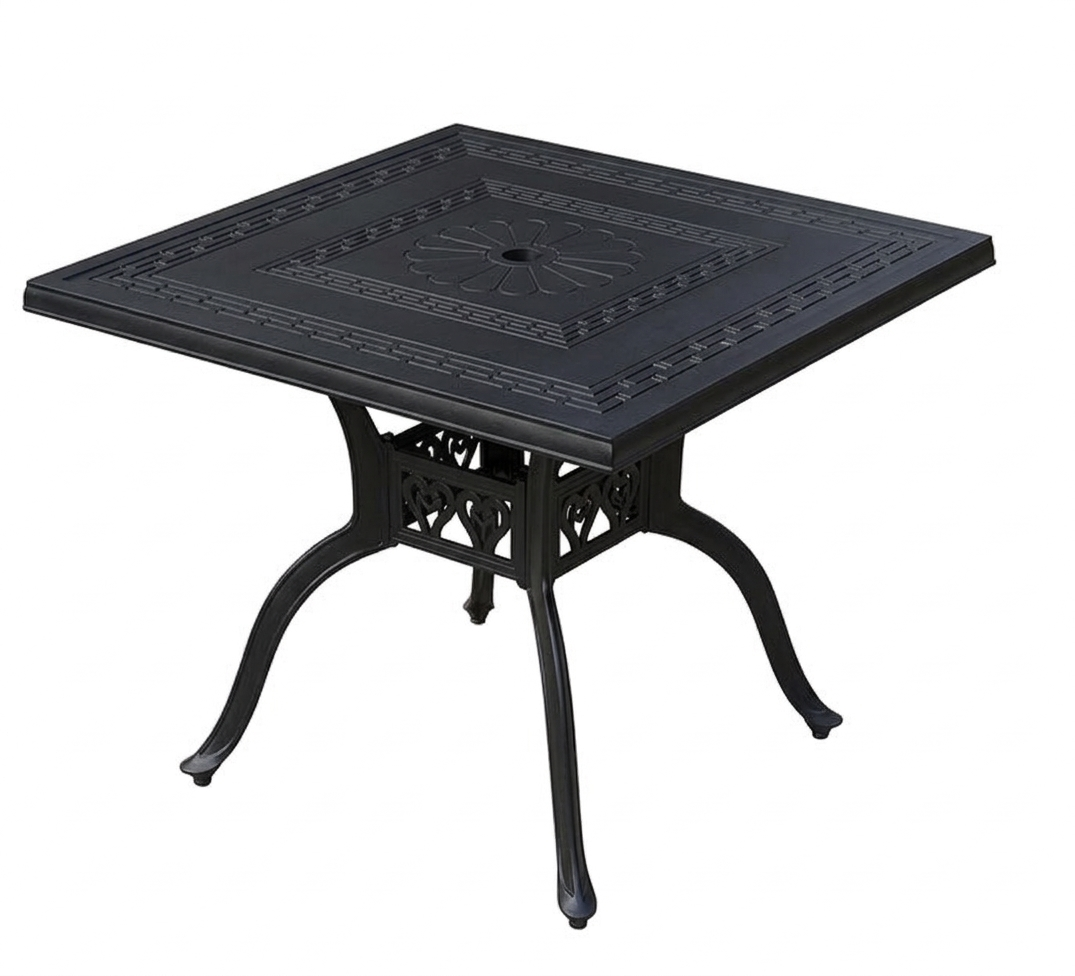 Black square outdoor table with decorative patterns on a white background