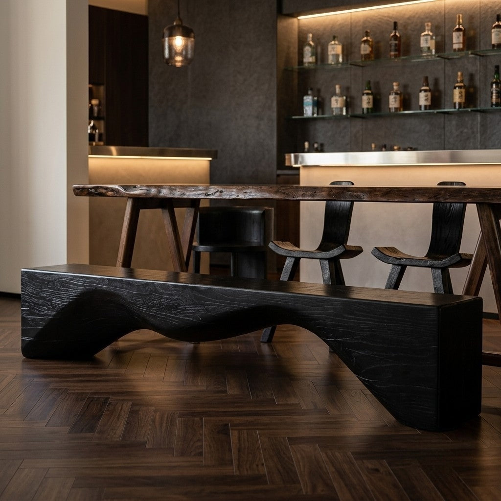 Modern kitchen with dark wooden island and bar stools, featuring a sleek design.