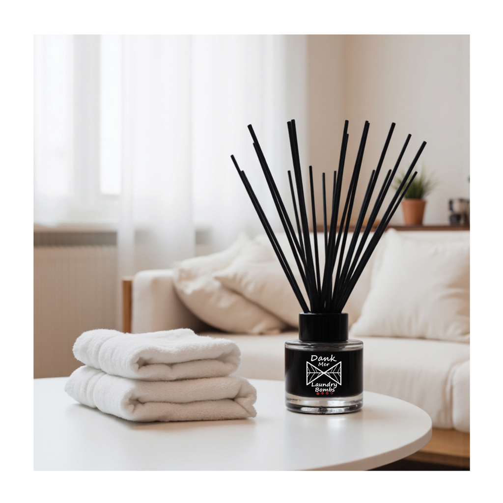 Black diffuser with sticks on a table next to folded white towels in a living room setting.