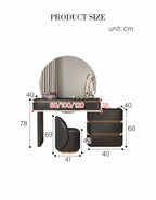 Product size chart with dimensions of a vanity table and chair on a white background