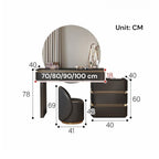 A dimension diagram of a modern vanity table set with a round backless mirror, dark brown console table, matching chair, and three-tier storage cabinet, showing measurements in centimeters.