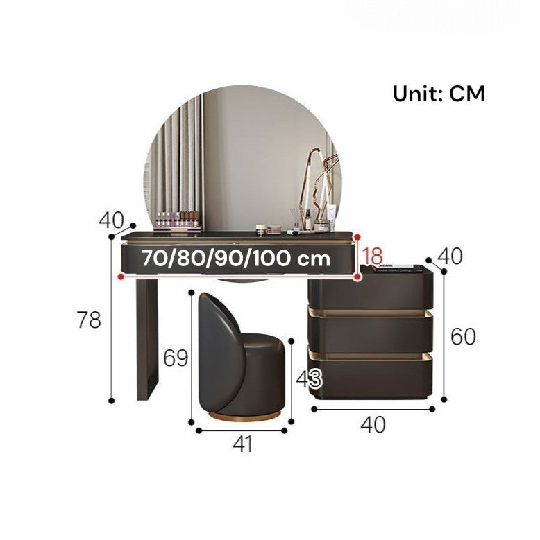 A dimension diagram of a modern vanity table set with a round backless mirror, dark brown console table, matching chair, and three-tier storage cabinet, showing measurements in centimeters.