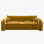 Mustard yellow sofa with curved armrests on a white background