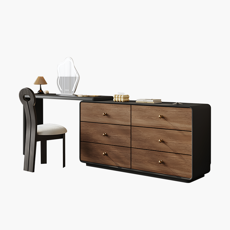 Wooden dresser with glass top and chair on a white background