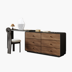 Wooden dresser with glass top and chair on a white background