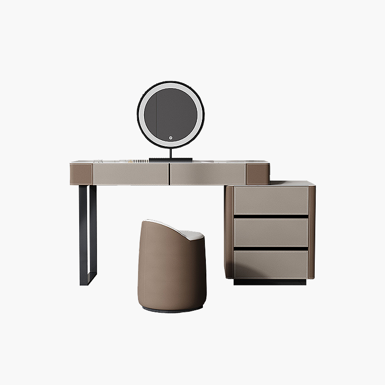 Modern vanity table with round mirror and stool on a white background