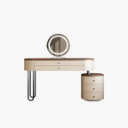 Dressing table with round mirror and drawers on a white background