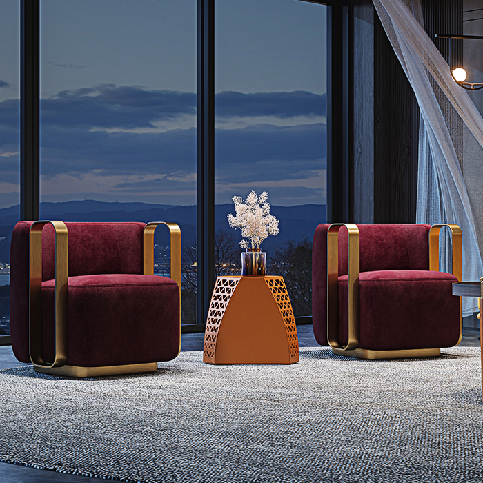 Two red chairs with gold accents in a modern room with a cityscape view.