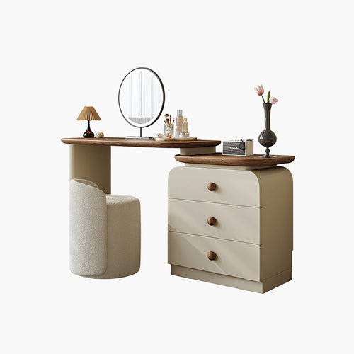 Dressing table with mirror, stool, and decorative items on a white background