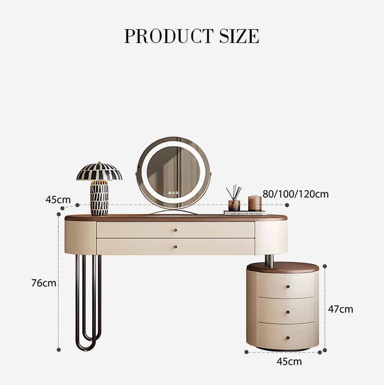 Dressing table with dimensions labeled on a white background