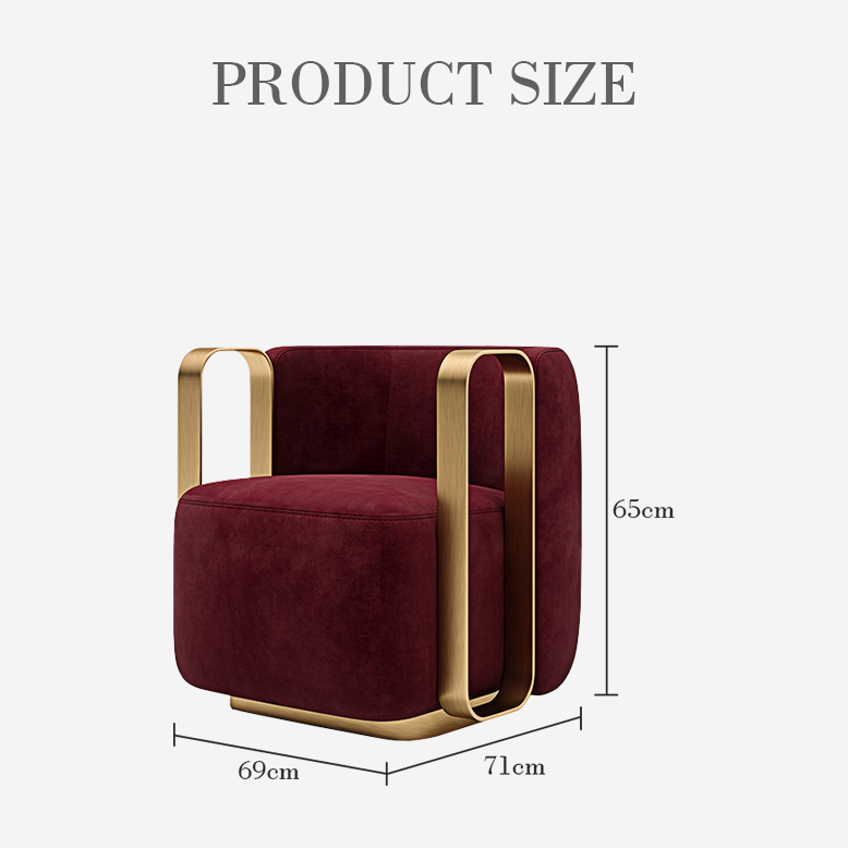 Burgundy armchair with gold accents and dimensions on a white background