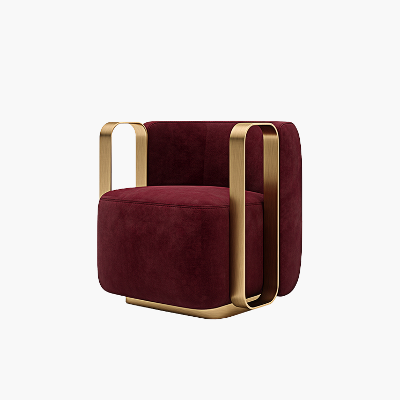 Burgundy armchair with gold frame on a white background