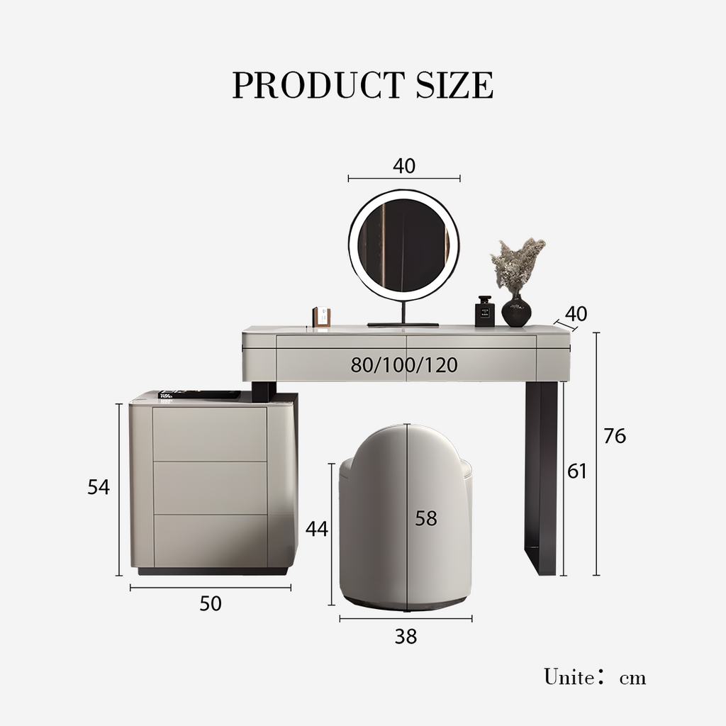 Paulina Modern Dressing Table With Drawers & LED Light, Solid Wood