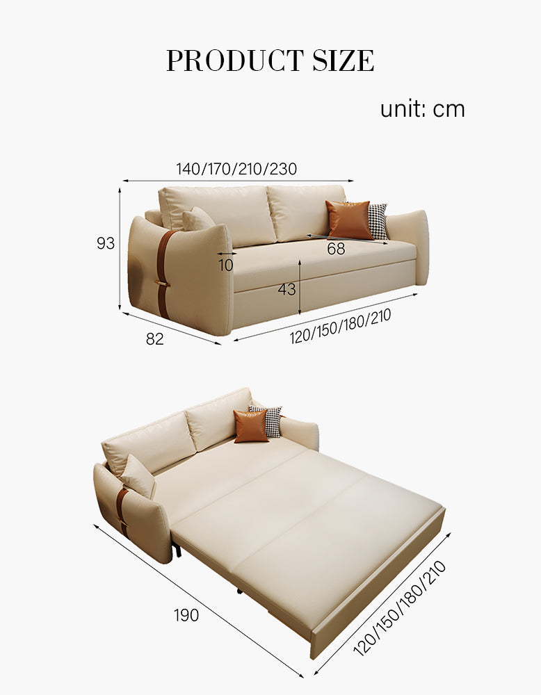 Measurement chart of a beige sofa with dimensions labeled in centimeters.