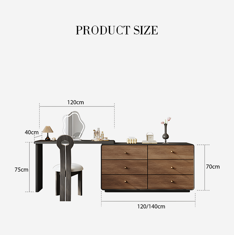 Measurement chart of a vanity table with dimensions on a white background