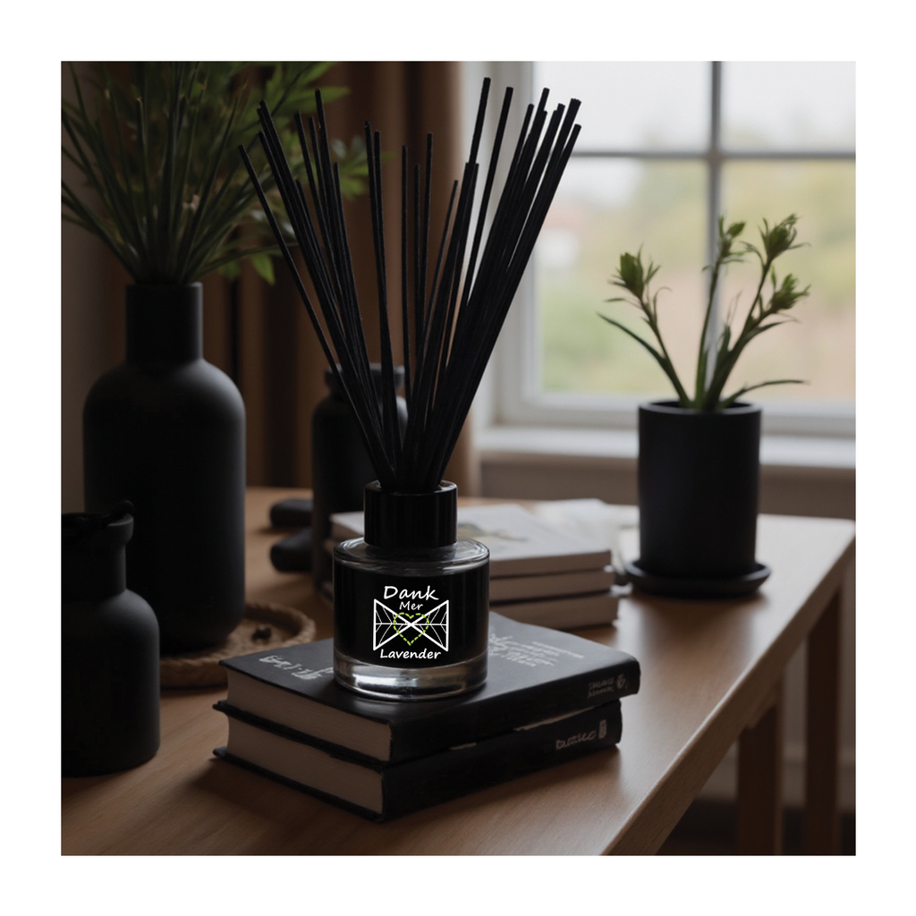 Black diffuser bottle labeled 'Dank' on a stack of books with plants in the background.
