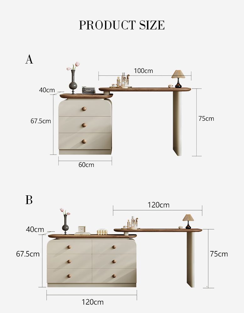 Dimensions of a wall-mounted desk with drawers on a white background